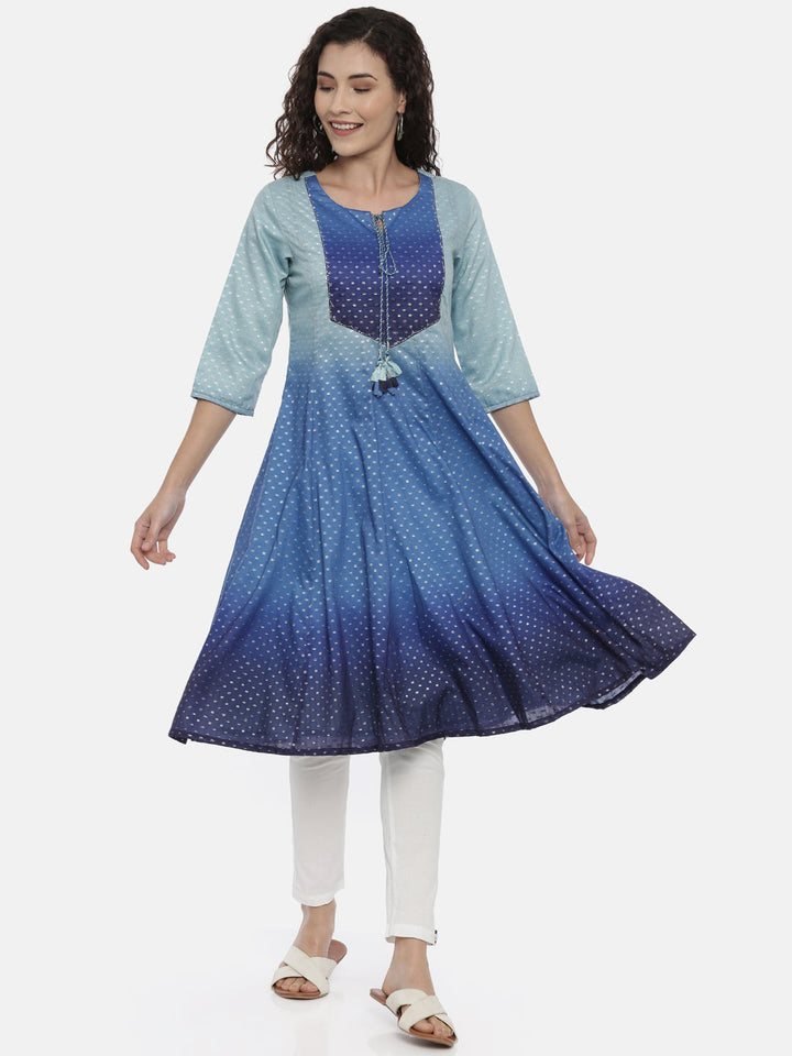 Neerus Blue viscose rayon printed Anarkali kurti - detail view 2