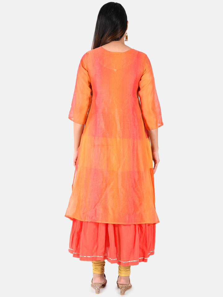 Neerus Orange Chanderi A-line layered kurti - side view