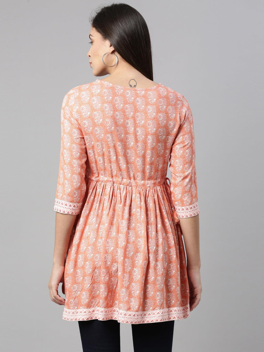 Neerus Pink floral printed sequinned pleated kurti - detail view 1