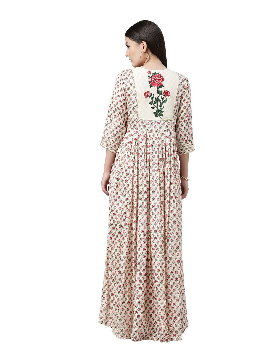Neerus Beige floral printed anarkali kurta - detail view 1