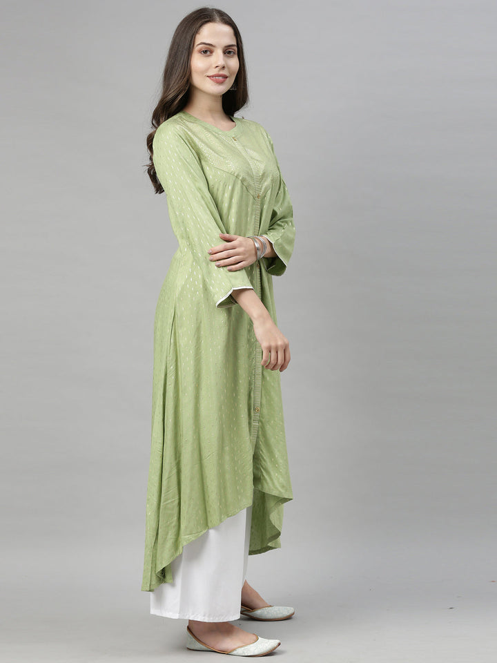 Neerus Green printed ethnic motif A-line high-low kurta - side view