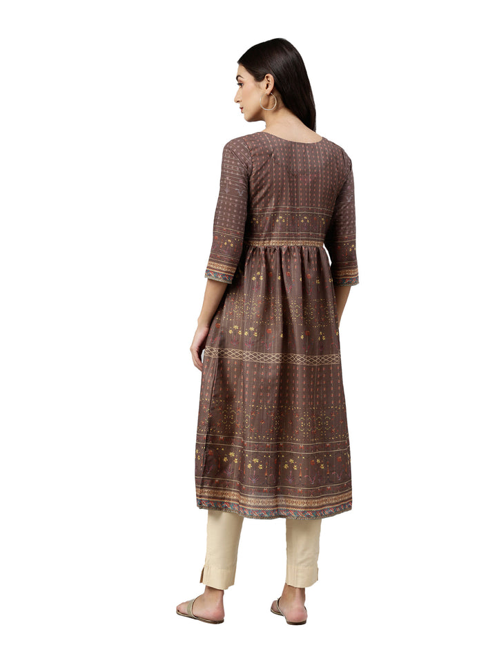 Neerus Brown printed anarkali kurta ethnic motifs - detail view 2