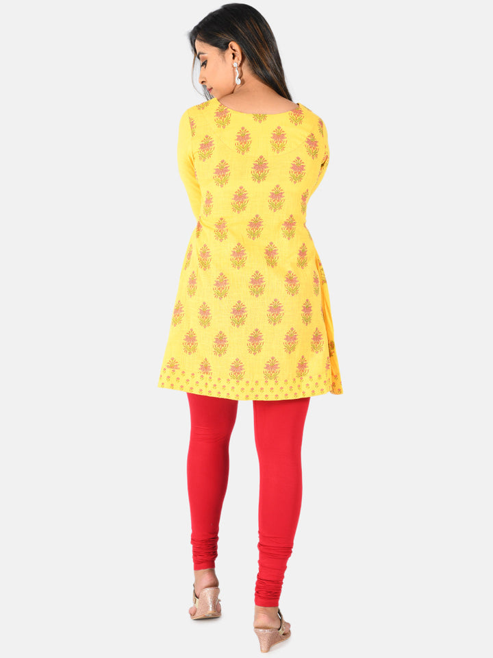 Neerus Yellow cotton printed A-line kurti - side view