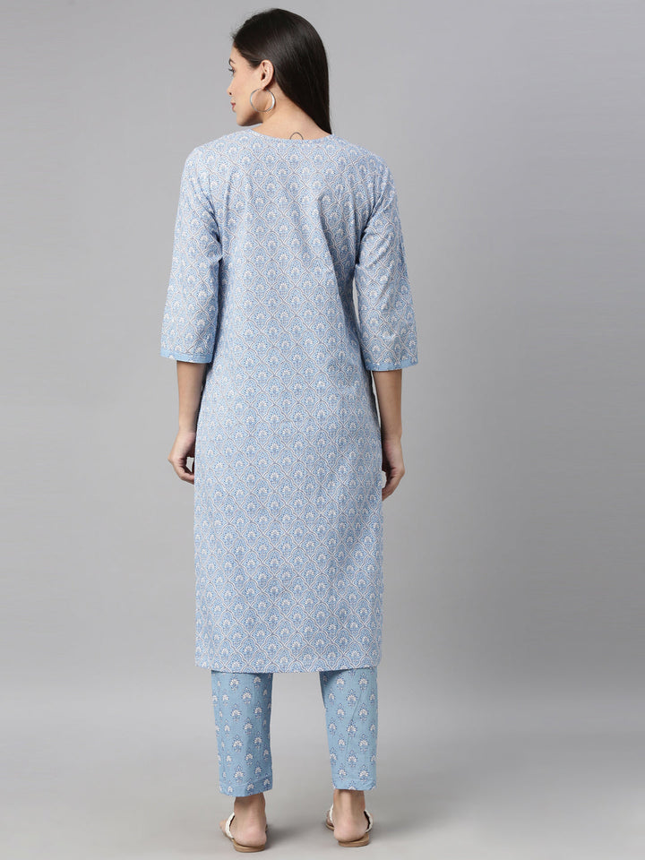 Neerus Blue printed thread embroidered kurta set - side view