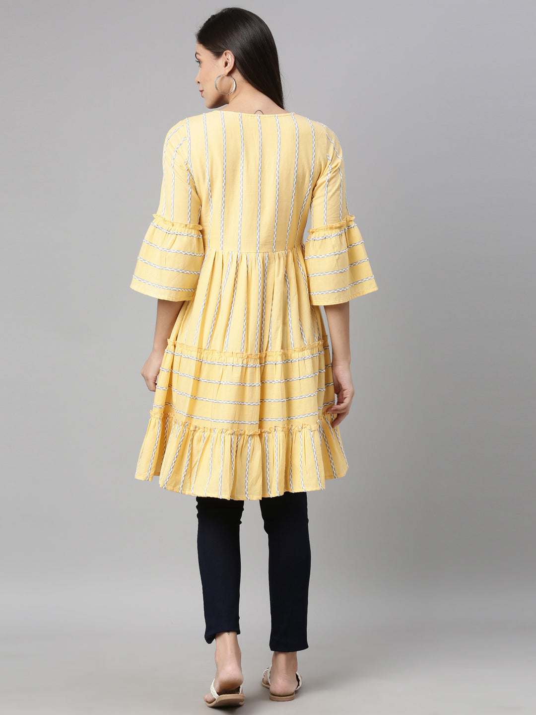 Neerus Yellow floral printed tiered kurti - detail view 1