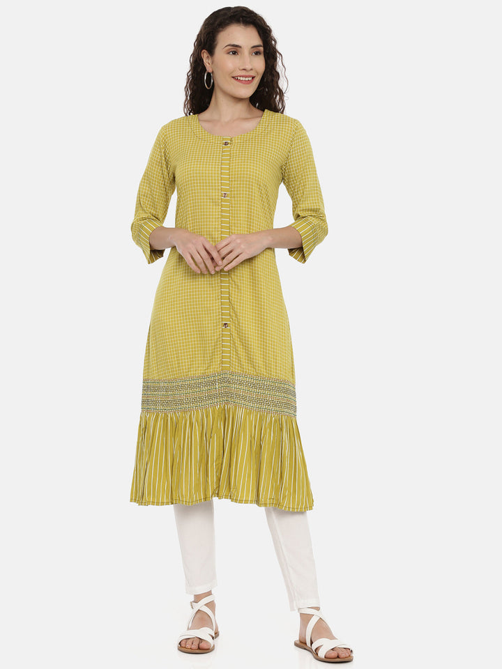 Neerus Green cotton checked A-line kurta - detail view 2