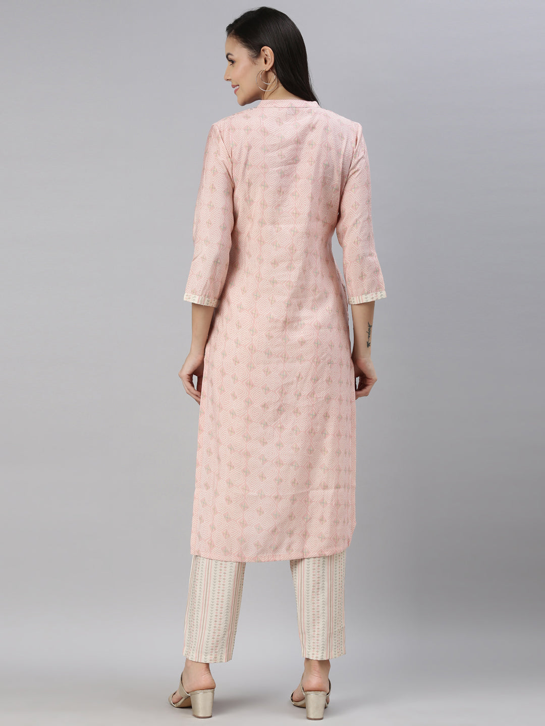 Neerus Pink printed mirror work kurta set - detail view 1