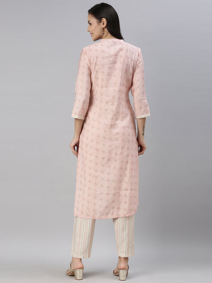 Neerus Pink printed mirror work kurta set - detail view 1
