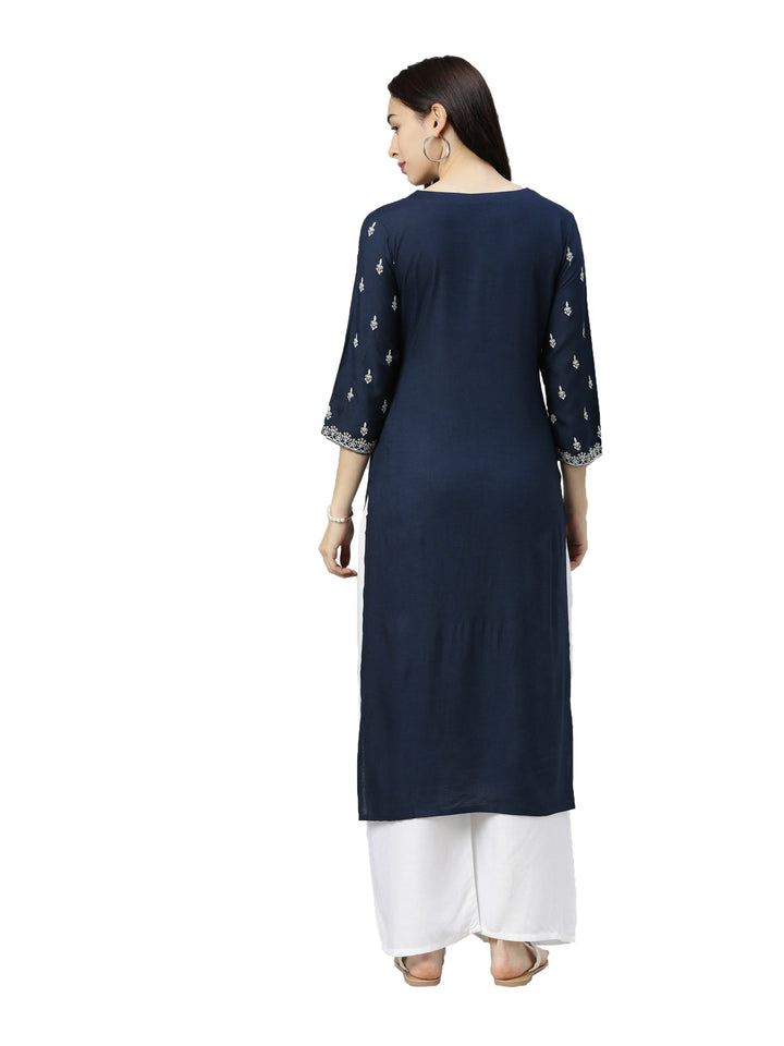 Neerus Blue thread embroidered floral kurta - detail view 1