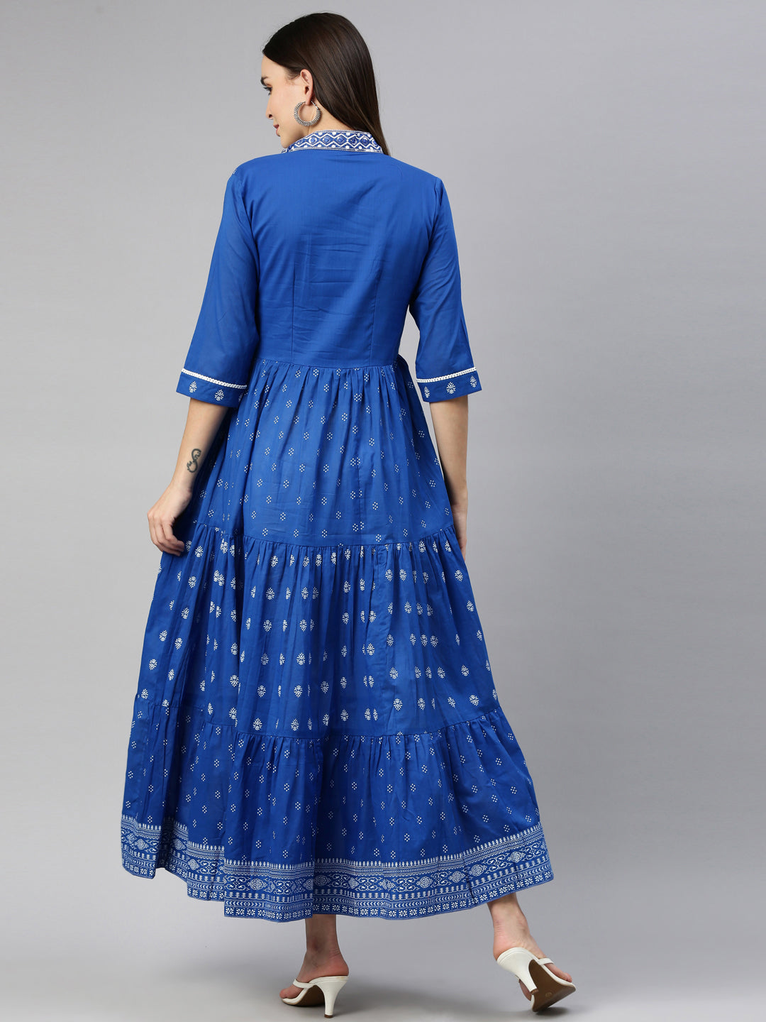 Neerus Blue cotton thread embroidered anarkali kurta - side view
