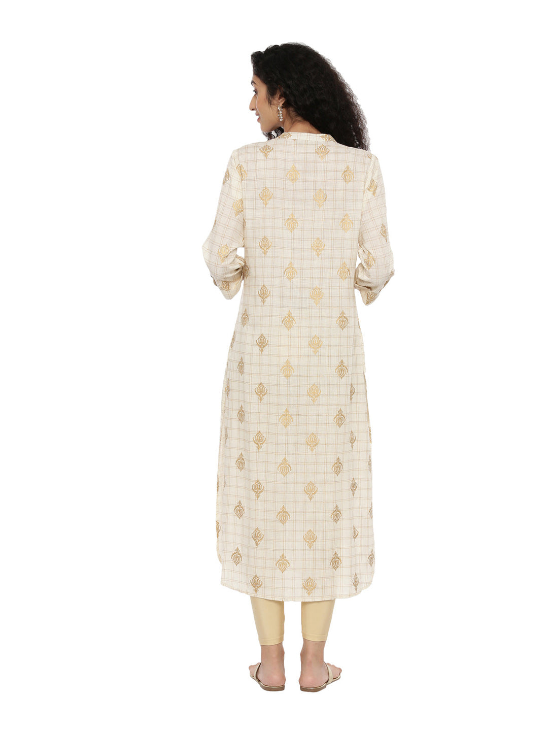 Neerus Beige cotton thread embroidered kurti - side view