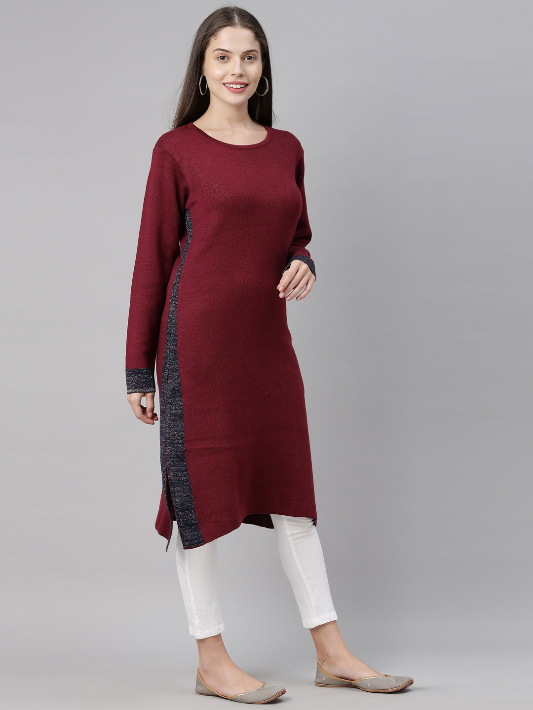 Neerus Maroon acrylic woven knitted kurti - detail view 2