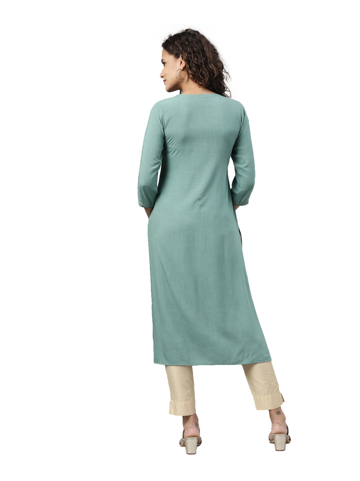 Neerus Blue cotton solid kurti - detail view 1