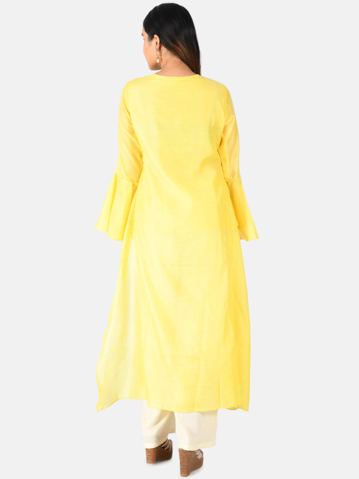 Neerus Yellow Chanderi embroidered kurta set with palazzo - detail view 1