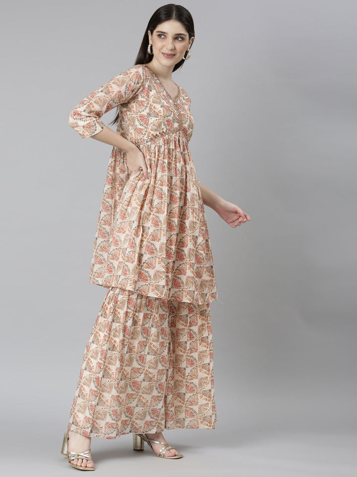 Neerus Pink printed straight kurta set with palazzo and dupatta - back view