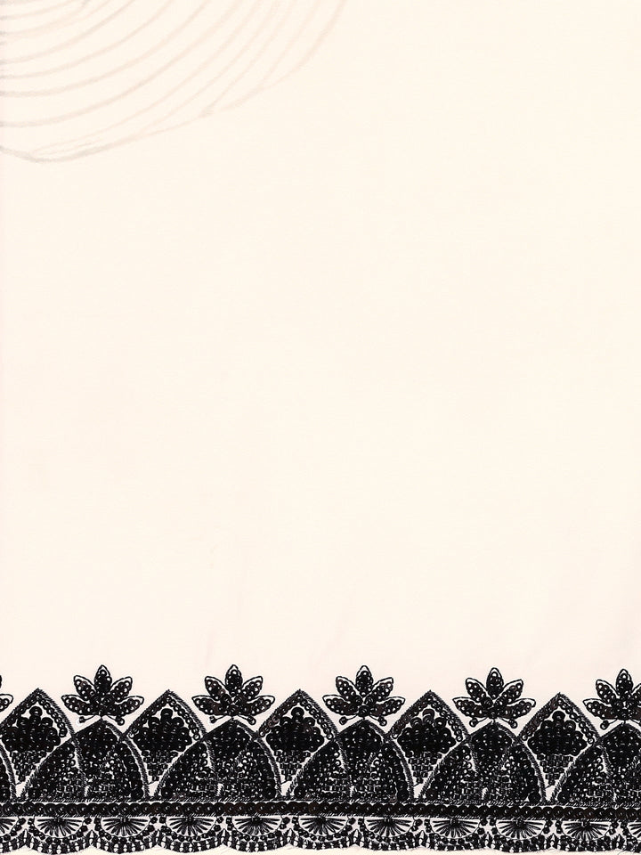 Black & white satin printed saree with hand embroidery & ready made blouse