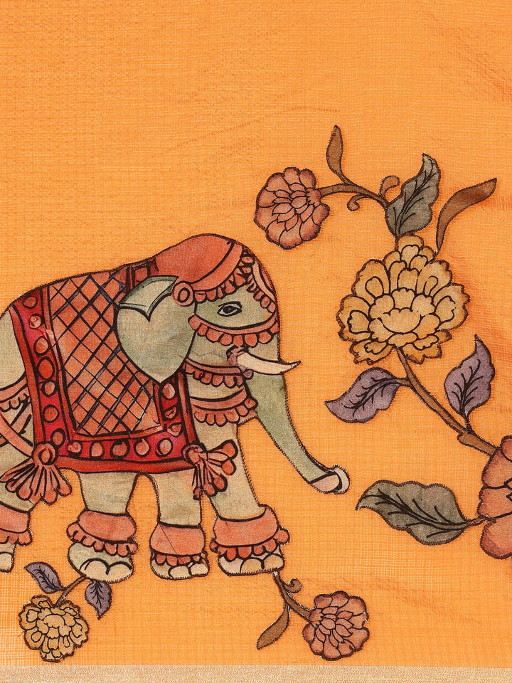 Mustard Kota Saree With Kalamkari Appliqué Work On Pallu