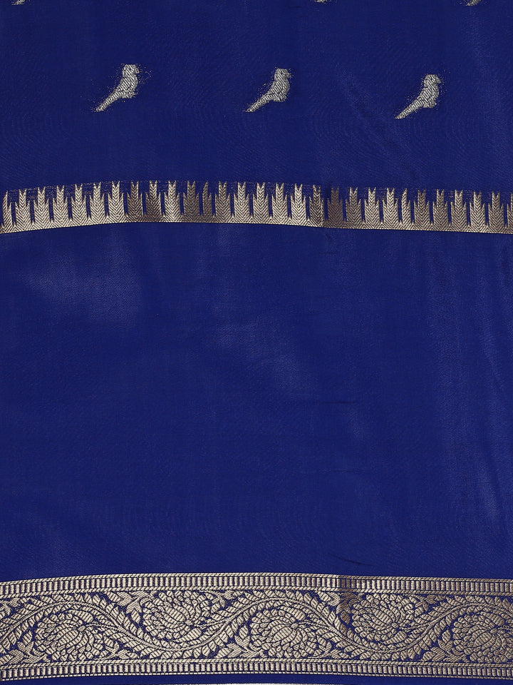 Neerus Blue Silk Woven Saree with Ethnic Pichvai Motifs - detail view 2