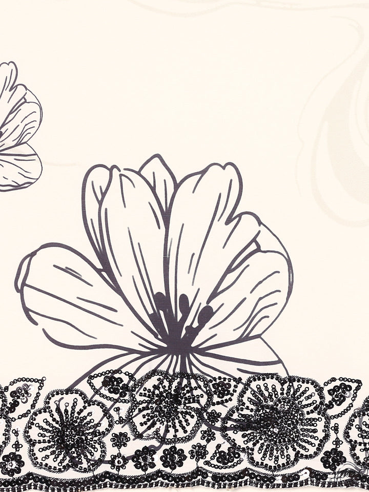 Black & White Satin Printed Saree With Hand Embroidery And Ready Made Blouse