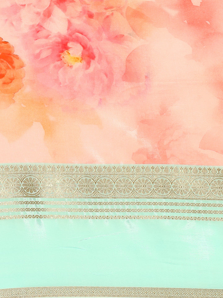 Neerus Pink crepe woven saree with zari border - detail view 2