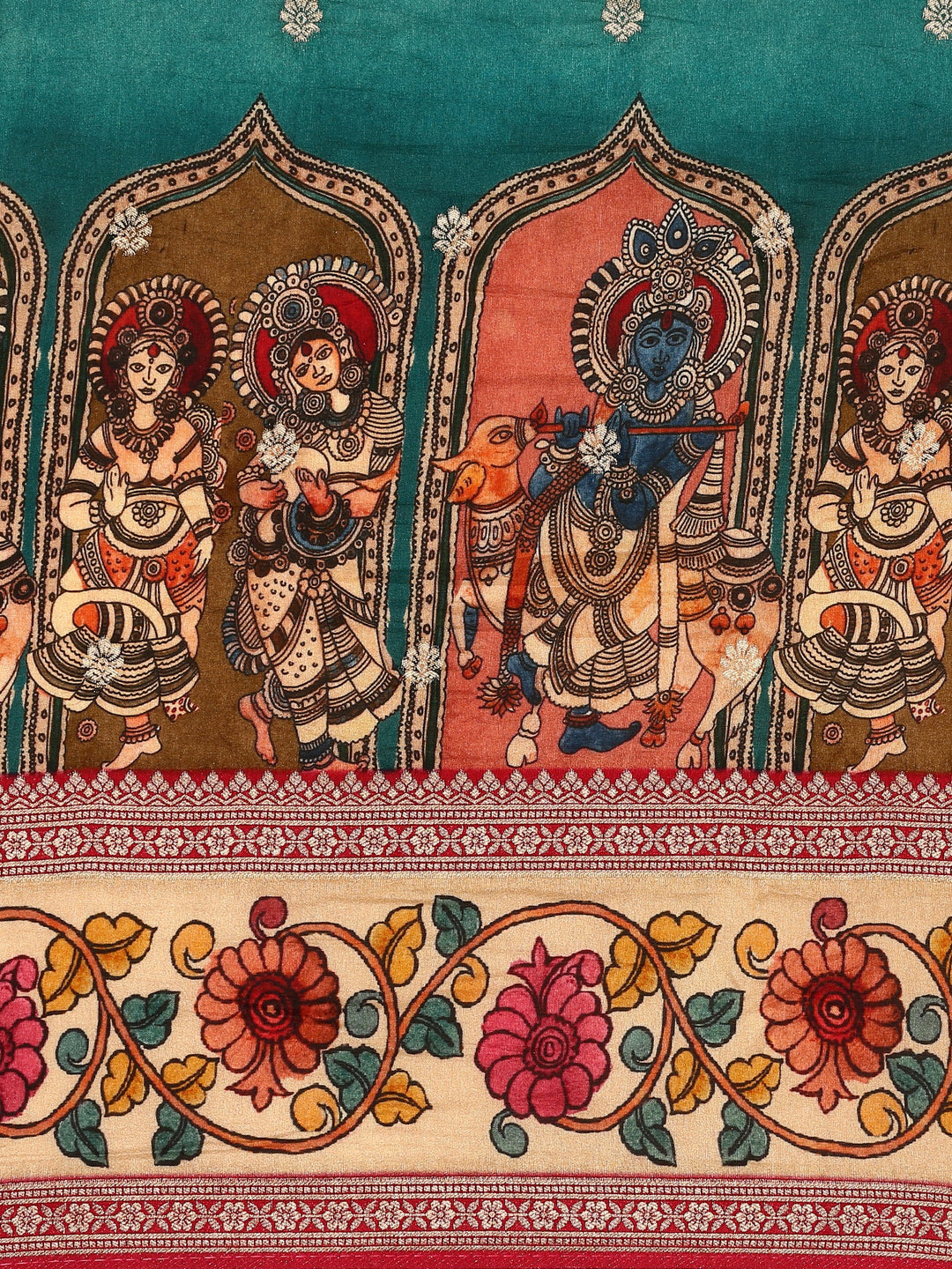 Neerus Green Banarasi printed saree with Kalamkari border - detail view 2