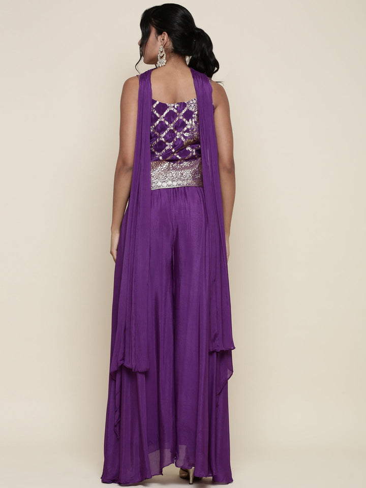 Neerus Purple georgette crop top palazzo co-ord set - side view