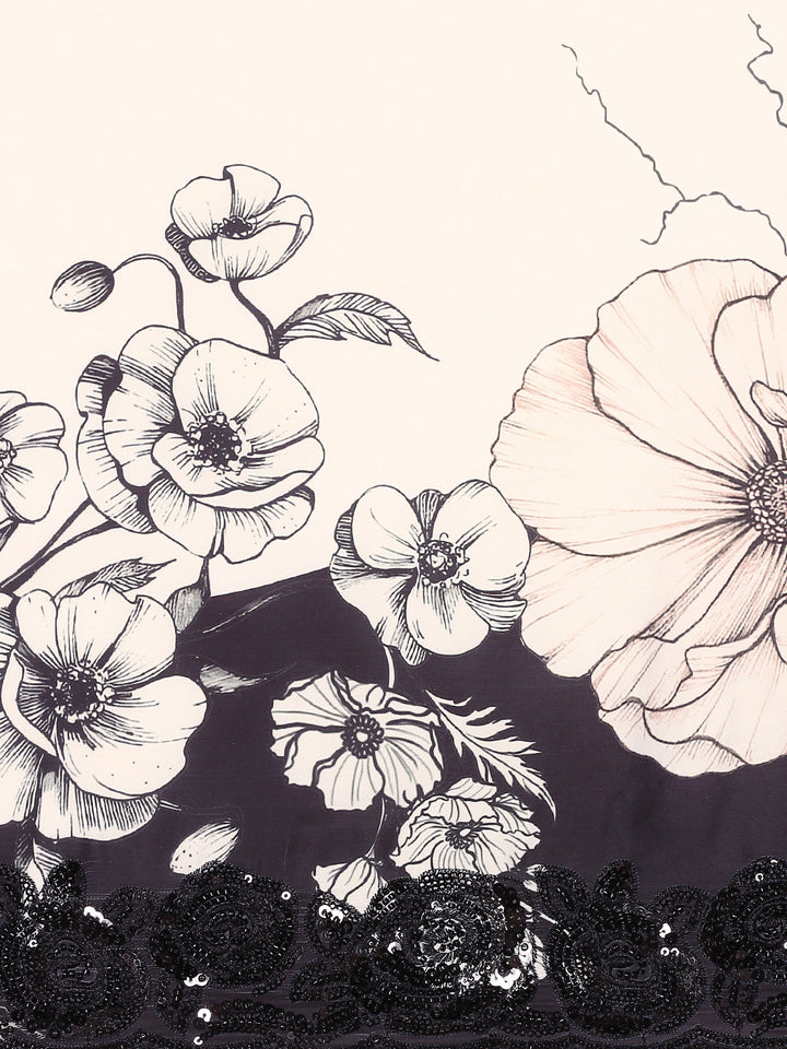 Black & White Satin Printed Saree With Hand Embroidery & Readymade Blouse