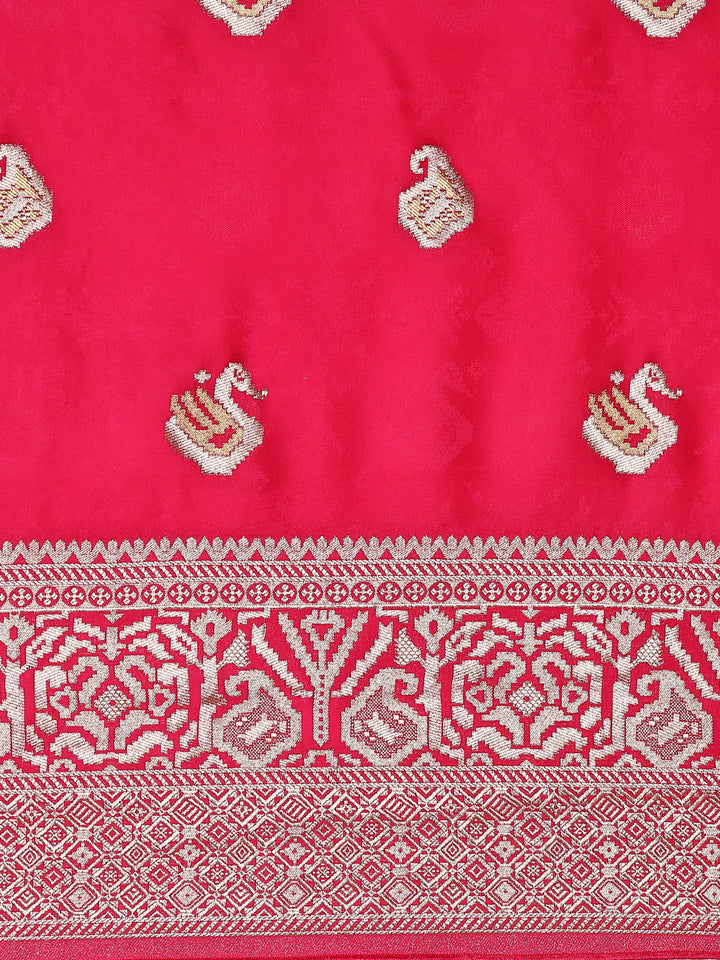 Neerus Pink Banarasi woven saree with silver motifs - detail view 2