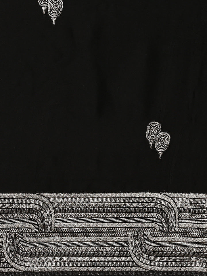 Black Banaras Silk Saree With Silver Zari Motifs & Border