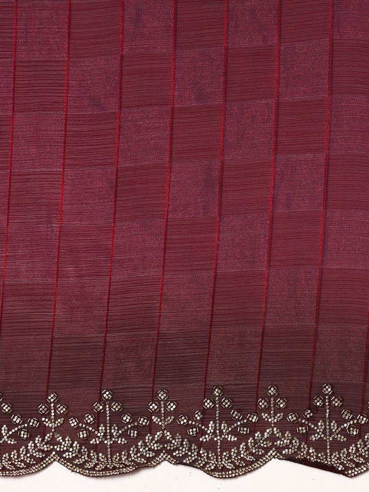 Maroon jacquard satin organza saree with hand embroidery