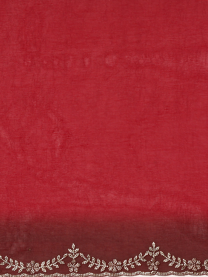 Red Jimmy Tissue Saree With Hand Embroidery