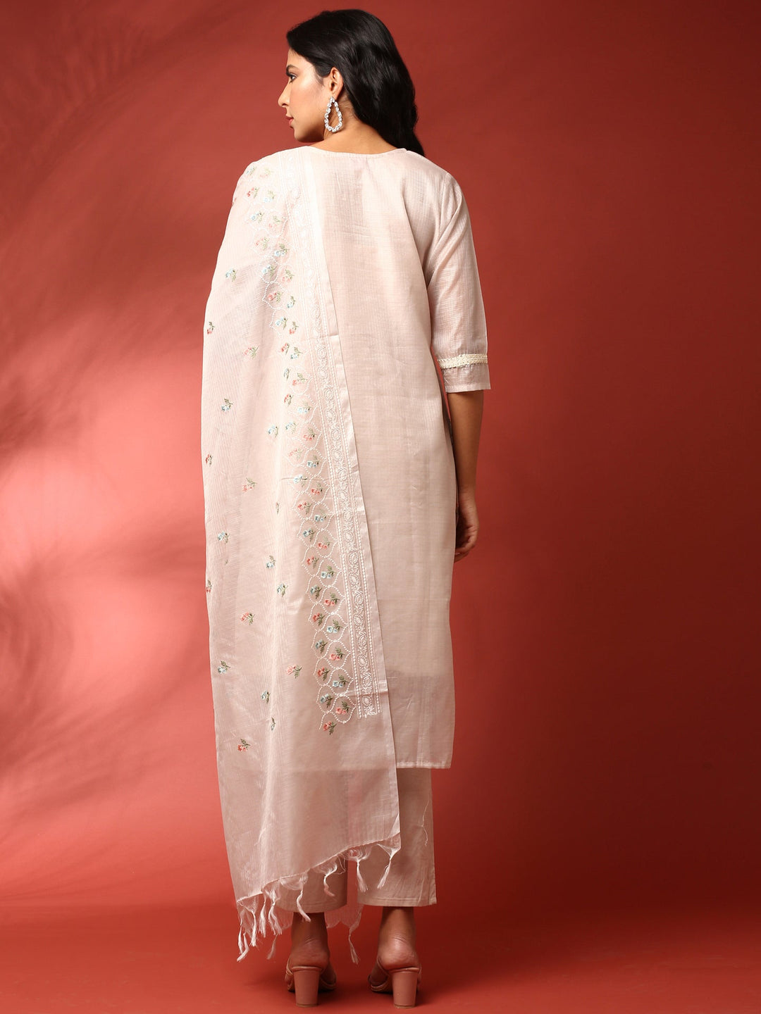 Neerus Beige Chanderi thread embroidered suit set - side view