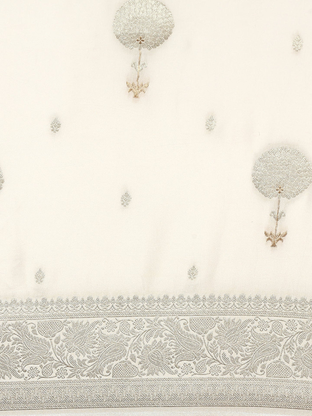 Neerus White Banarasi woven silk saree with zari border - detail view 2