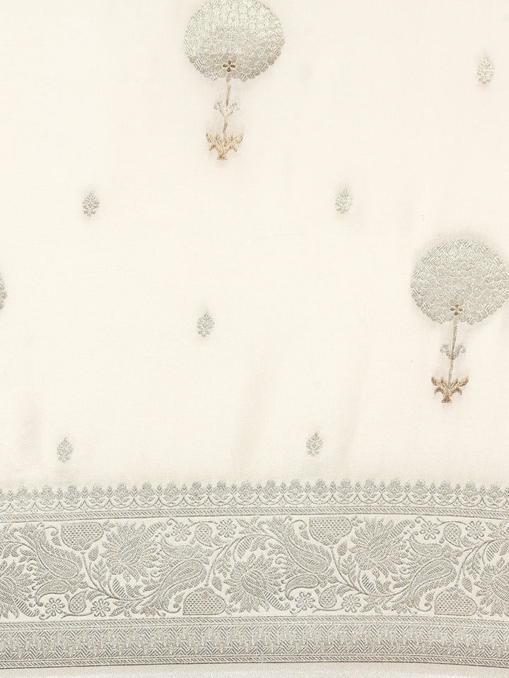 Neerus White Banarasi woven silk saree with zari border - detail view 2