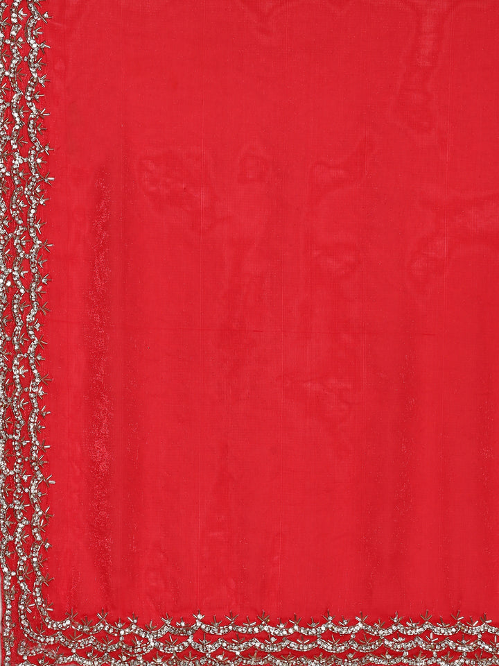 Neerus Red embellished Jimmy saree with pearl and cut Dana embroidery - detail view 2