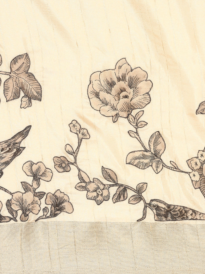 Neerus White raw silk printed floral saree - detail view 2