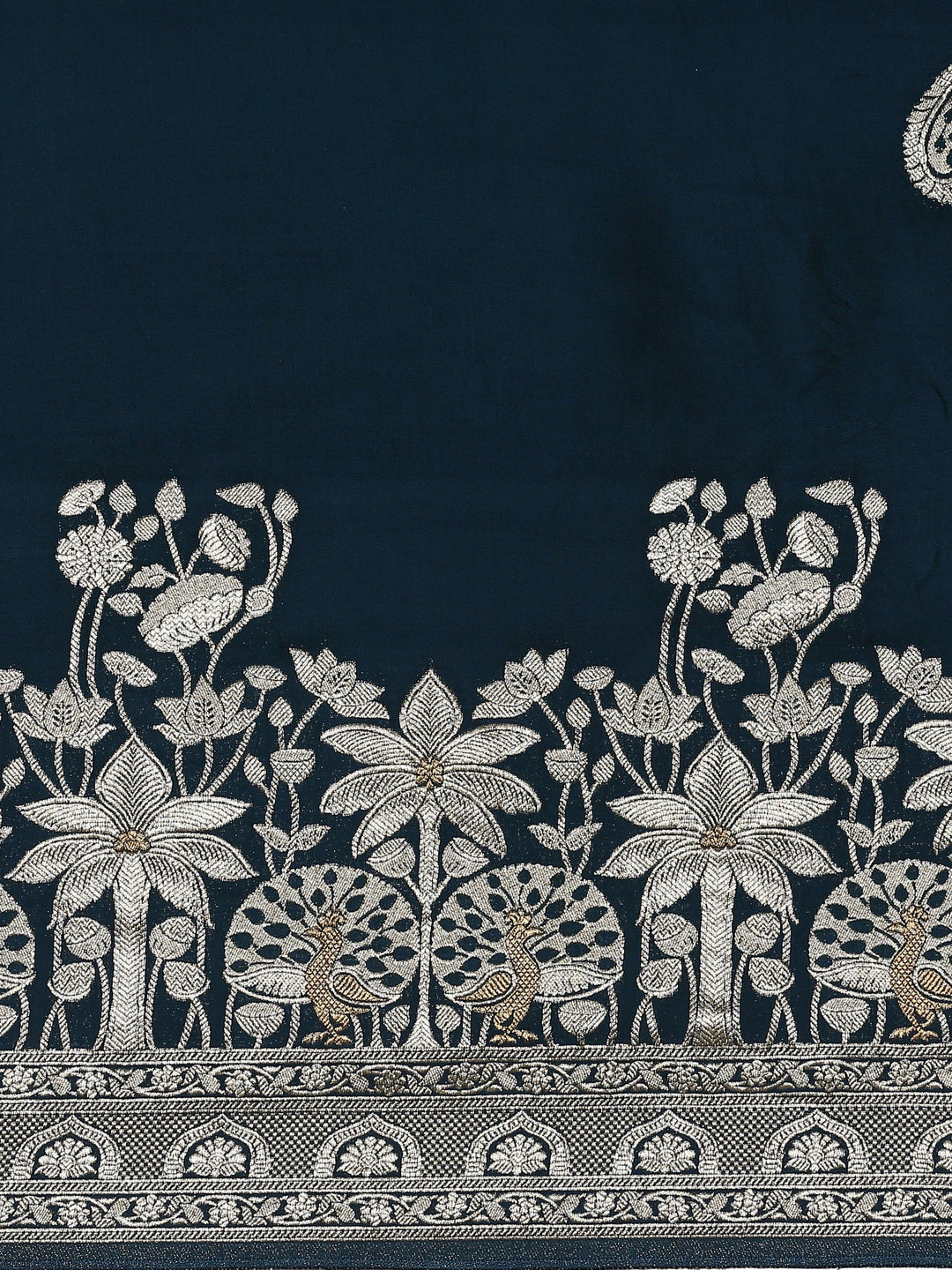 Neerus Blue Banarasi woven saree with peacock motifs - detail view 2