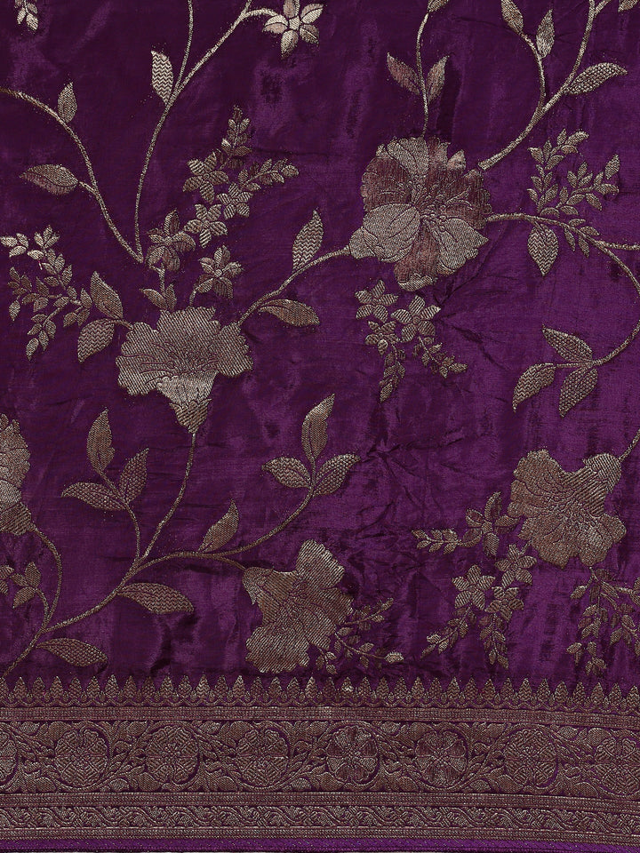 Neerus Maroon Banarasi woven saree with gold motifs - detail view 2