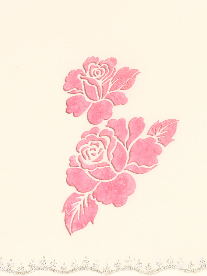 Cream Satin Saree With Pink Printed Motifs With Swarovski Embroidery