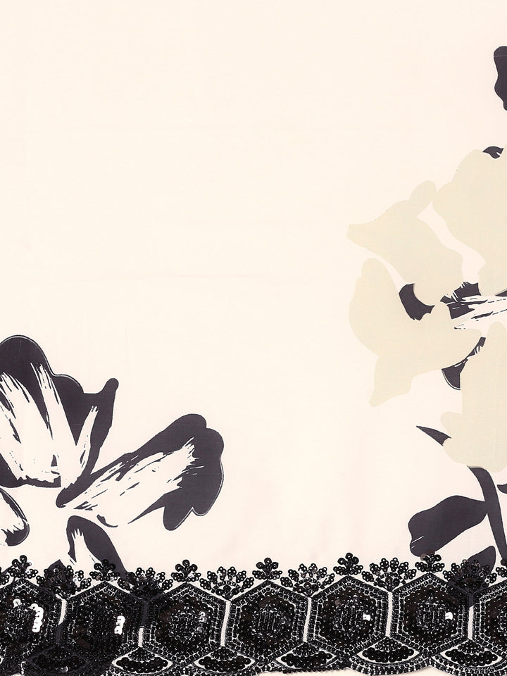 Black & White Satin Printed Saree With Hand Embroidery & Readymade Blouse