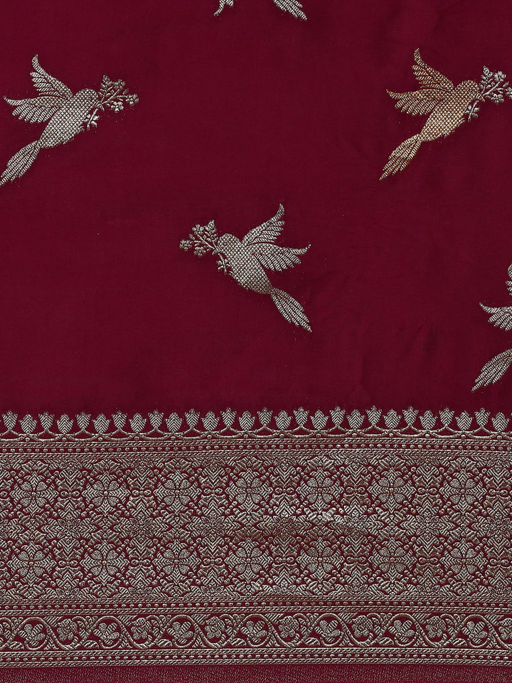 Neerus Maroon Banarasi woven saree with gold silver motifs - detail view 2