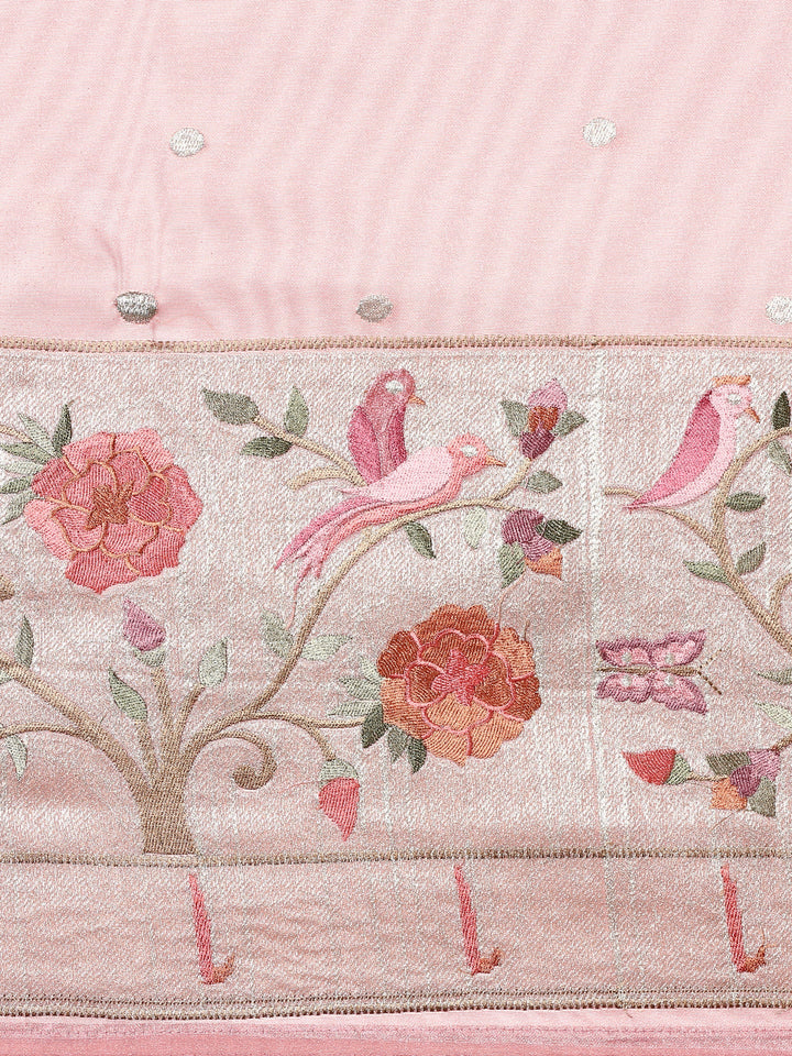 Baby pink banaras silk saree with Meena border and motifs