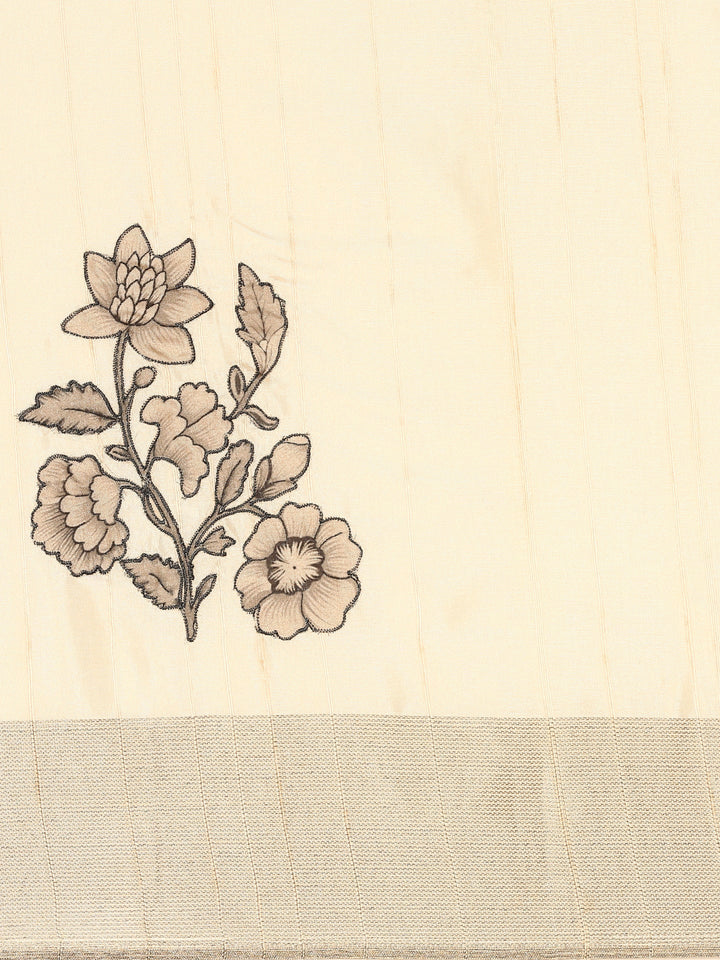 Neerus White raw silk printed saree with floral motif - detail view 2