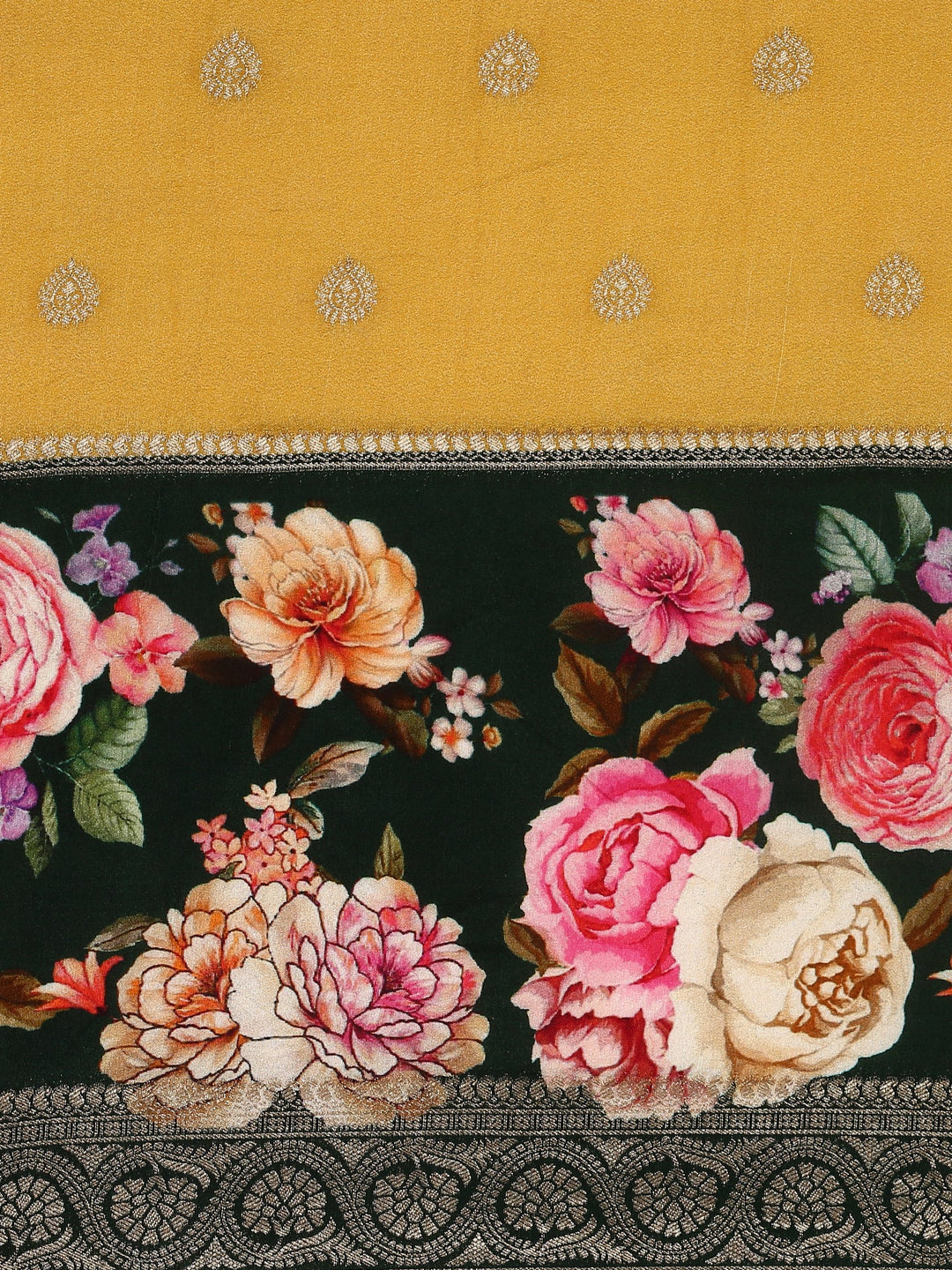 Neerus Yellow Banarasi woven saree with floral print and zari border - detail view 2