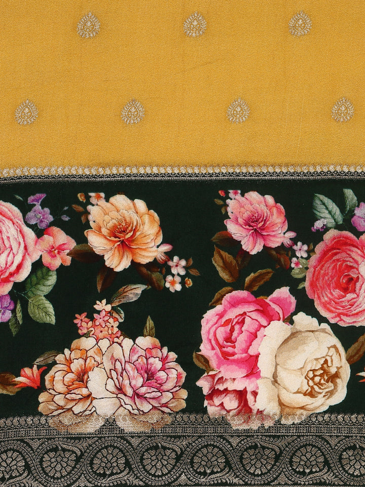 Neerus Yellow Banarasi woven saree with floral print and zari border - detail view 2