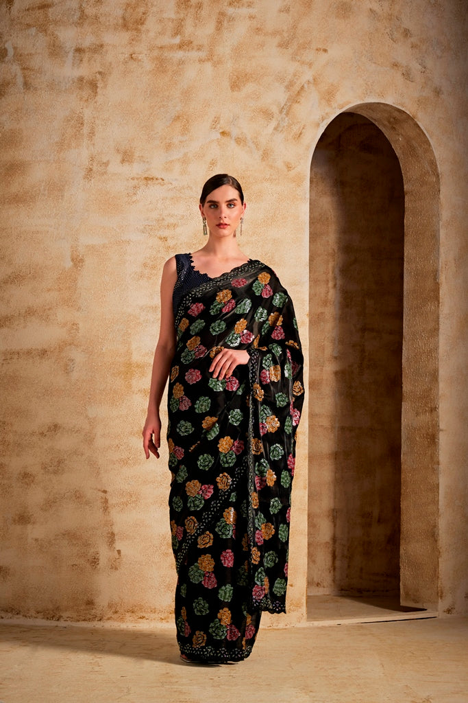 Neerus Black silk embellished saree - front view