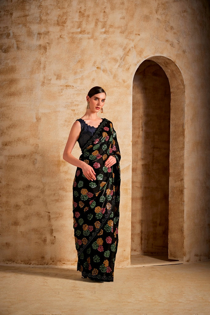 Neerus Black silk embellished saree - back view