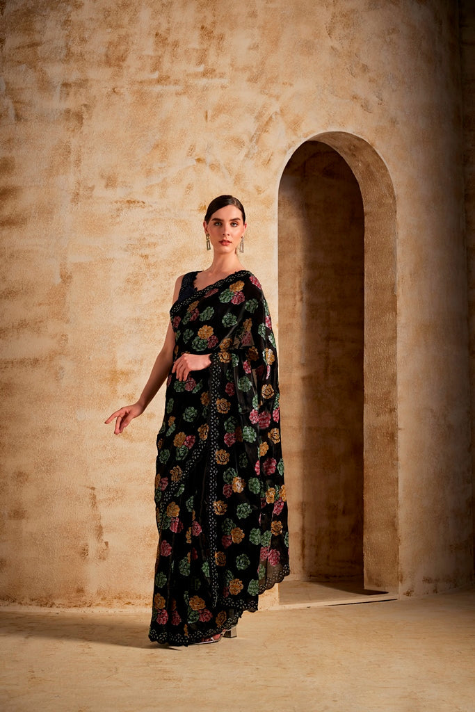 Neerus Black silk embellished saree - side view
