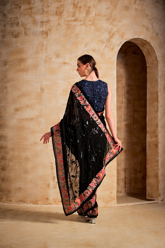 Neerus Black georgette solid saree - detail view 1