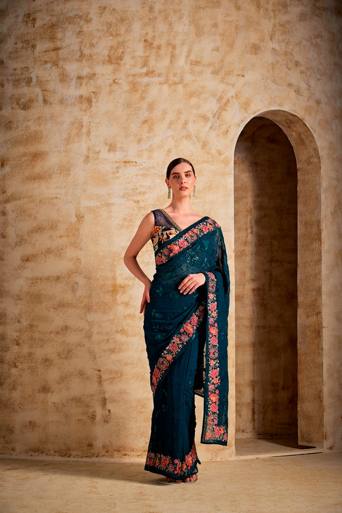 Neerus Blue Georgette Printed Saree - front view